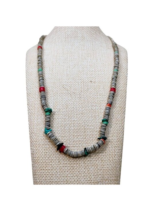 Handmade Jewelry - Handmade Santo Domingo Pueblo Heishi Turquoise Coral Bead Necklace 21"